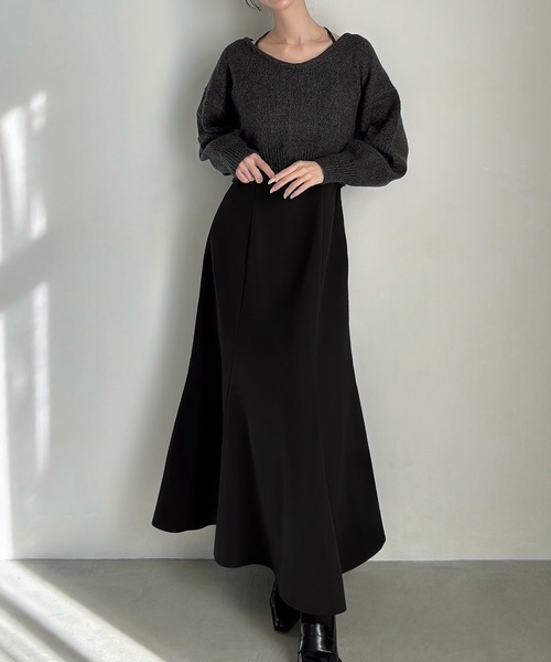 Meiru(メイル)の「ショートニット+マーメイドキャミワンピースset(薄手、裏地なし)(ワンピース・レディース・ブラウン/ブラック/チャコール・LARGE/MEDIUM/SMALL)」の4枚目の写真