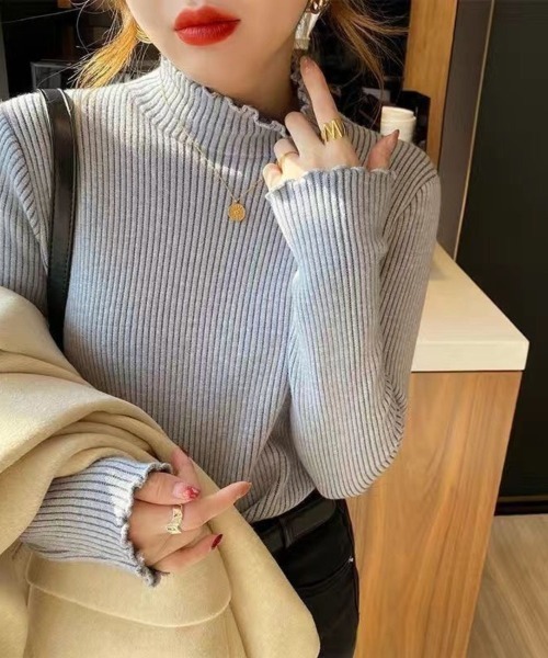 Beststore(ベストストア)の「秋冬裏起毛ニット ハイネックニット メロウフリルハイネックニット(ニット/セーター・レディース・ブラック/ベージュ/ホワイト/ブラウン/ブルーグレー・FREE)」の4枚目の写真