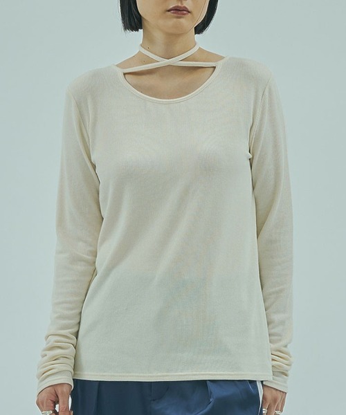 ROSE BUD(ローズバッド)の「CHORKER RIB TOP(Tシャツ/カットソー・レディース・ブルー/オフホワイト/ブラック・ONE SIZE)」の2枚目の写真