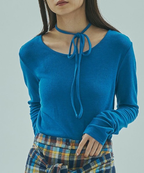 ROSE BUD(ローズバッド)の「CHORKER RIB TOP(Tシャツ/カットソー・レディース・ブルー/オフホワイト/ブラック・ONE SIZE)」の3枚目の写真