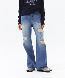 DESTROYED WIDE DENIM PANTS WASHED BLUE