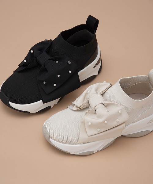 【軽量・撥水加工】 ビッグリボン ニットソックススニーカー