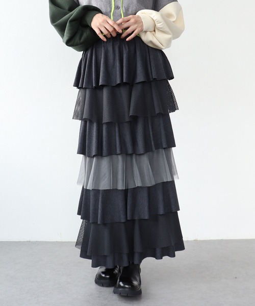 Cepica（セピカ）の「異素材MIXティアードスカート（スカート・レディース・チャコールグレー/ブラック・FREE）」の2枚目の写真