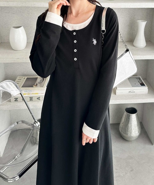 U.S. POLO ASSN.（ユーエスポロアッスン）の「GeeRA別注【U.S.POLOASSN.】レイヤード風ヘンリーネックロングワンピース（ワンピース・レディース・ブラック/グレー・LARGE/MEDIUM/SMALL/X-LARGE）」の3枚目の写真