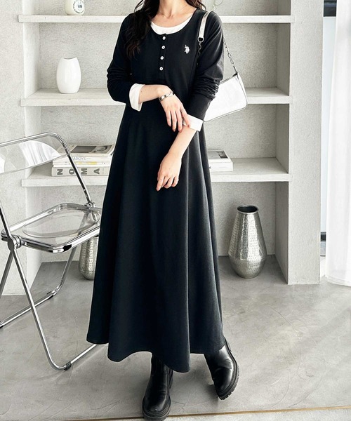 U.S. POLO ASSN.（ユーエスポロアッスン）の「GeeRA別注【U.S.POLOASSN.】レイヤード風ヘンリーネックロングワンピース（ワンピース・レディース・ブラック/グレー・LARGE/MEDIUM/SMALL/X-LARGE）」の7枚目の写真