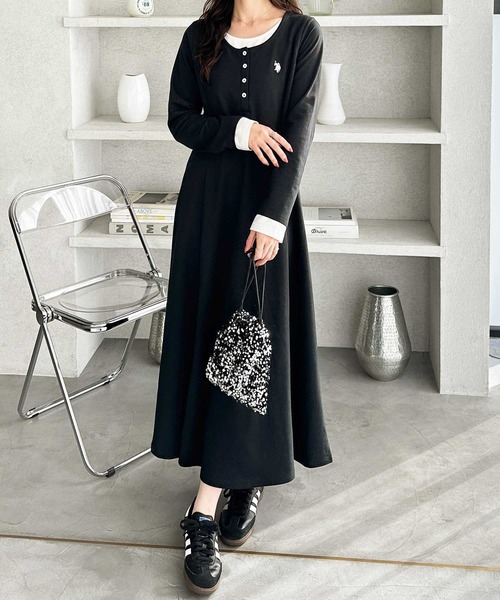 U.S. POLO ASSN.（ユーエスポロアッスン）の「GeeRA別注【U.S.POLOASSN.】レイヤード風ヘンリーネックロングワンピース（ワンピース・レディース・ブラック/グレー・LARGE/MEDIUM/SMALL/X-LARGE）」の6枚目の写真