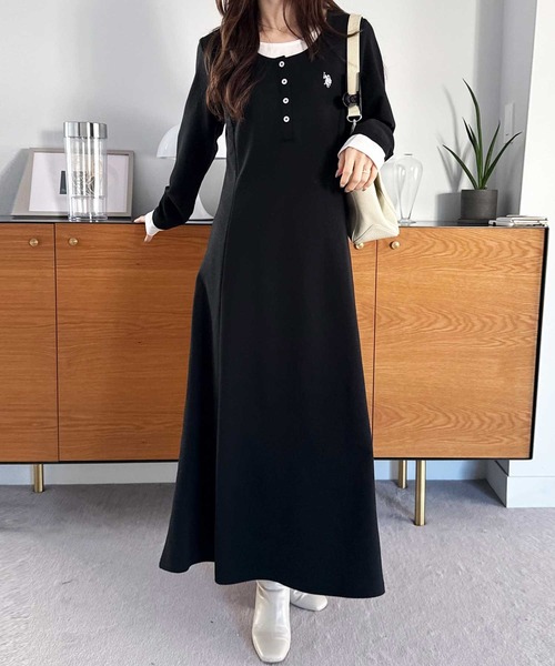 U.S. POLO ASSN.（ユーエスポロアッスン）の「GeeRA別注【U.S.POLOASSN.】レイヤード風ヘンリーネックロングワンピース（ワンピース・レディース・ブラック/グレー・LARGE/MEDIUM/SMALL/X-LARGE）」の15枚目の写真