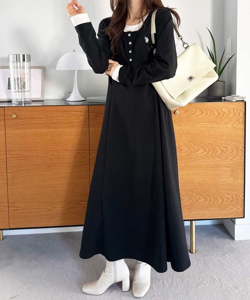 U.S. POLO ASSN.（ユーエスポロアッスン）の「GeeRA別注【U.S.POLOASSN.】レイヤード風ヘンリーネックロングワンピース（ワンピース・レディース・ブラック/グレー・LARGE/MEDIUM/SMALL/X-LARGE）」の16枚目の写真