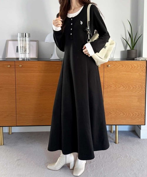 U.S. POLO ASSN.（ユーエスポロアッスン）の「GeeRA別注【U.S.POLOASSN.】レイヤード風ヘンリーネックロングワンピース（ワンピース・レディース・ブラック/グレー・LARGE/MEDIUM/SMALL/X-LARGE）」の17枚目の写真