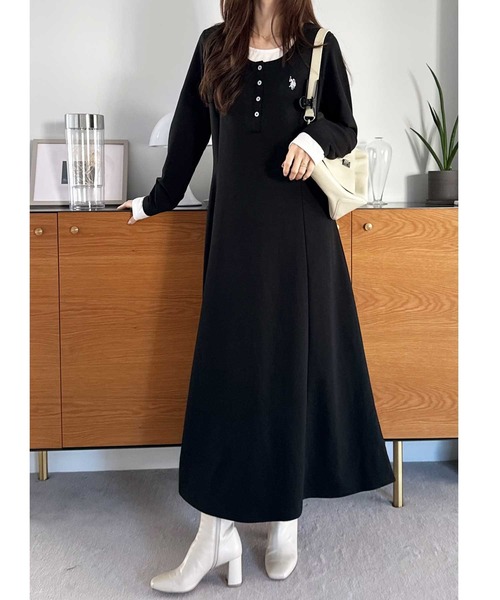 U.S. POLO ASSN.（ユーエスポロアッスン）の「GeeRA別注【U.S.POLOASSN.】レイヤード風ヘンリーネックロングワンピース（ワンピース・レディース・ブラック/グレー・LARGE/MEDIUM/SMALL/X-LARGE）」の14枚目の写真