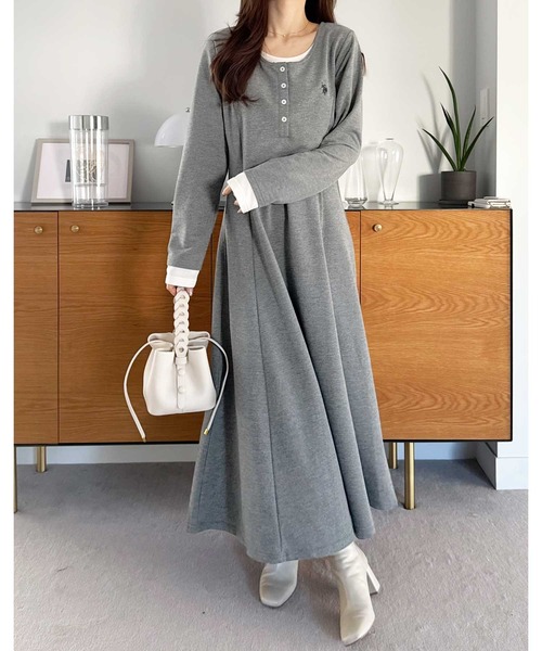 U.S. POLO ASSN.（ユーエスポロアッスン）の「GeeRA別注【U.S.POLOASSN.】レイヤード風ヘンリーネックロングワンピース（ワンピース・レディース・ブラック/グレー・LARGE/MEDIUM/SMALL/X-LARGE）」の18枚目の写真