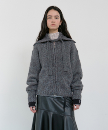 TIE SET COZY BOUCLE KNIT ZIP-UP_CHARCOAL BLUE