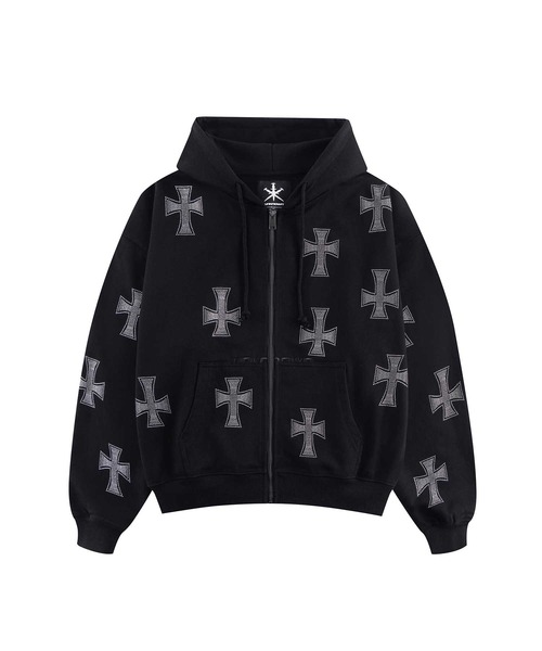 ジップフーディ｜Black x Silver Cross Rhinestone Zip Hoodie