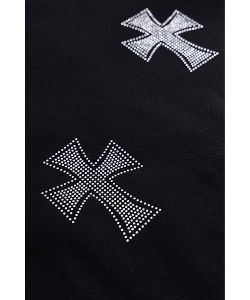 UNKNOWN LONDON(アンノウン・ロンドン)の「ジップフーディ|Black x Silver Cross Rhinestone Zip Hoodie|Unknown London(パーカー・メンズ・ブラック・LARGE/X-LARGE/SMALL/MEDIUM)」の4枚目の写真