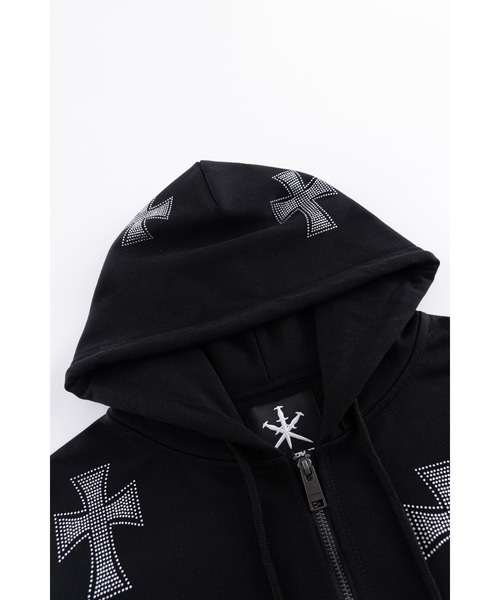Unknown London ブラック シルバー クロス パーカー ジップフーディ｜Black x Silver Cross Rhinestone Zip Hoodie