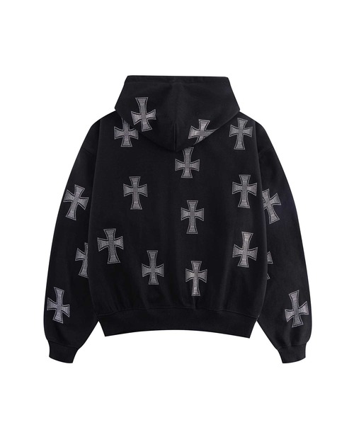 UNKNOWN LONDON(アンノウン・ロンドン)の「ジップフーディ|Black x Silver Cross Rhinestone Zip Hoodie|Unknown London(パーカー・メンズ・ブラック・LARGE/X-LARGE/SMALL/MEDIUM)」の2枚目の写真