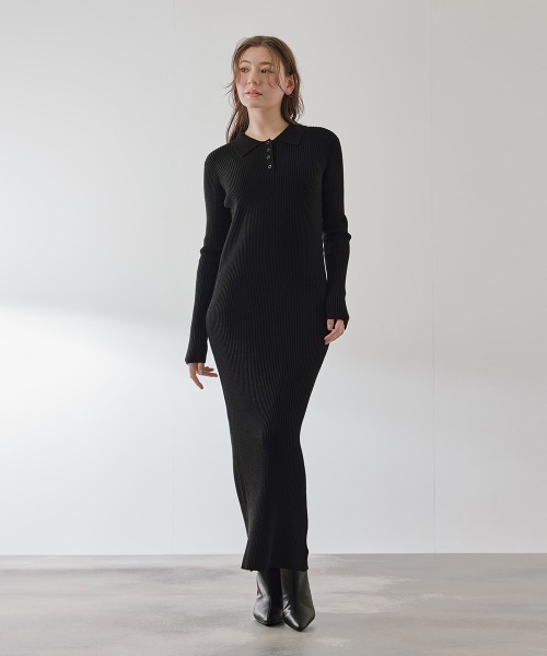 QUEENS COURT(クイーンズコート)の「ポロカラーリブニットワンピース≪手洗い可能≫(ワンピース・レディース・ブラック・M)」の1枚目の写真
