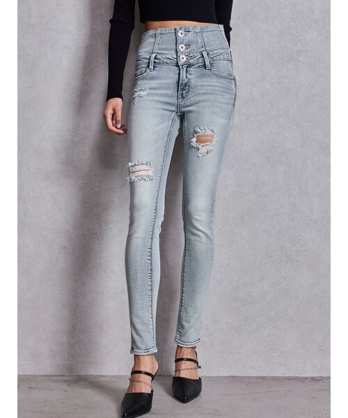 GYDA（ジェイダ）の「ハイウエストバッククロスダメージスキニーデニムパンツ（デニムパンツ・レディース・ブラック/ライトブルー/インディゴブルー・X-SMALL/SMALL/MEDIUM）」の2枚目の写真