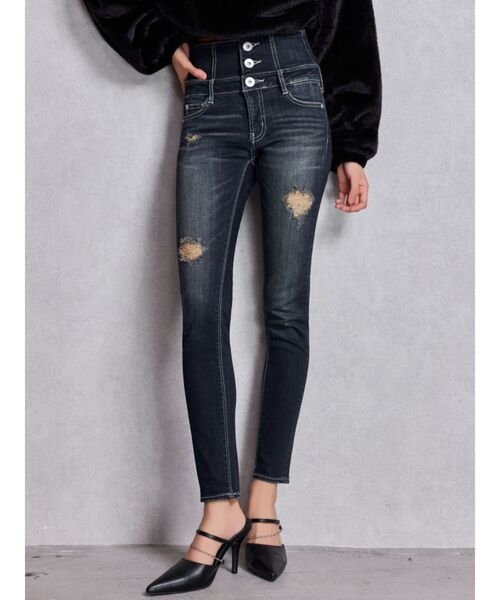 GYDA（ジェイダ）の「ハイウエストバッククロスダメージスキニーデニムパンツ（デニムパンツ・レディース・ブラック/ライトブルー/インディゴブルー・X-SMALL/SMALL/MEDIUM）」の4枚目の写真