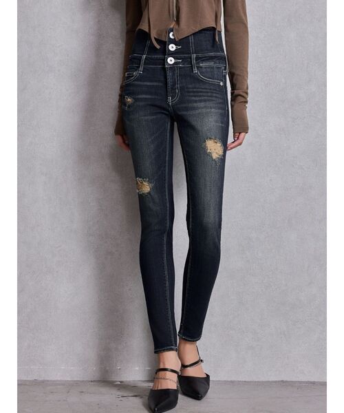 ハイウエストバッククロスダメージスキニーデニムパンツ（デニムパンツ