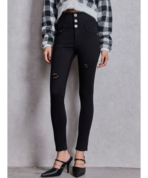 GYDA（ジェイダ）の「ハイウエストバッククロスダメージスキニーデニムパンツ（デニムパンツ・レディース・ブラック/ライトブルー/インディゴブルー・X-SMALL/SMALL/MEDIUM）」の8枚目の写真