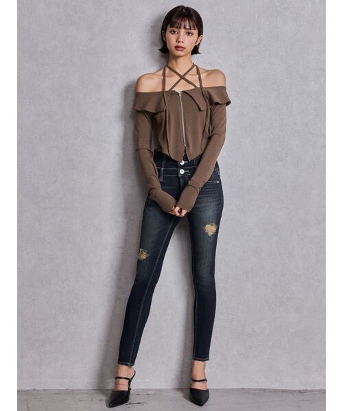 GYDA（ジェイダ）の「ハイウエストバッククロスダメージスキニーデニムパンツ（デニムパンツ・レディース・ブラック/ライトブルー/インディゴブルー・X-SMALL/SMALL/MEDIUM）」の9枚目の写真