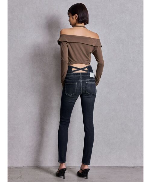 ハイウエストバッククロスダメージスキニーデニムパンツ（デニムパンツ