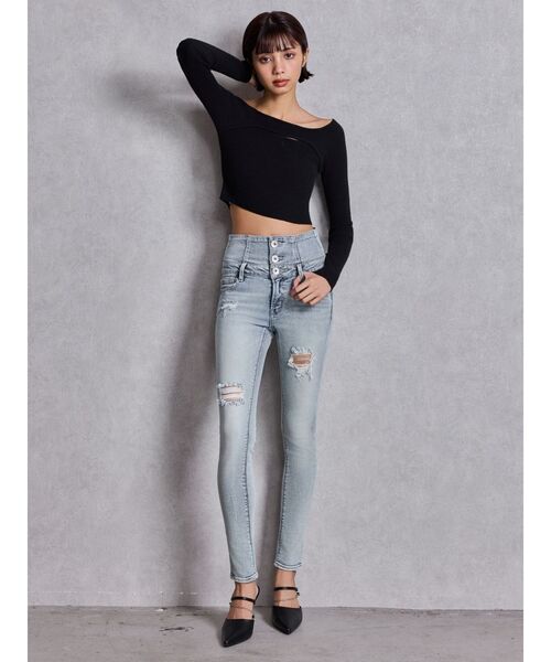 GYDA（ジェイダ）の「ハイウエストバッククロスダメージスキニーデニムパンツ（デニムパンツ・レディース・ブラック/ライトブルー/インディゴブルー・X-SMALL/SMALL/MEDIUM）」の13枚目の写真