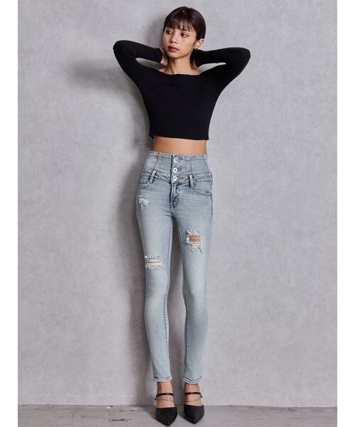 ハイウエストバッククロスダメージスキニーデニムパンツ（デニムパンツ