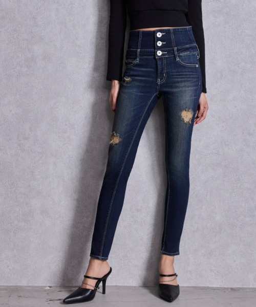 GYDA(ジェイダ)の「ハイウエストバッククロスダメージスキニーデニムパンツ(デニムパンツ・レディース・ブラック/ライトブルー/インディゴブルー・X-SMALL/SMALL/MEDIUM)」の4枚目の写真