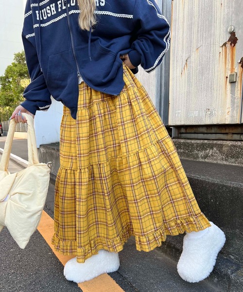WC（ダブル シー）の「《一部店舗限定★》チェックティアードロングスカート（スカート・レディース・イエロー/グレー・FREE）」の5枚目の写真