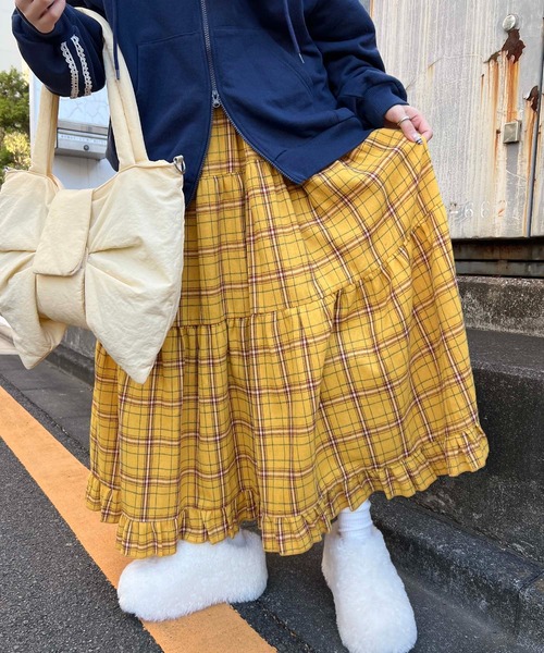 WC（ダブル シー）の「《一部店舗限定★》チェックティアードロングスカート（スカート・レディース・イエロー/グレー・FREE）」の7枚目の写真