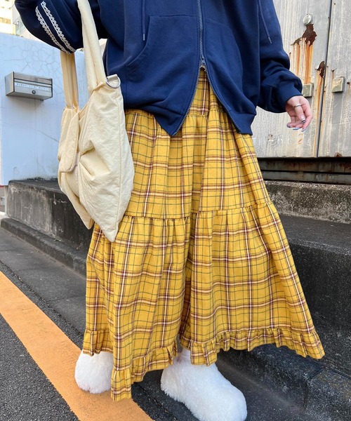 WC（ダブル シー）の「《一部店舗限定★》チェックティアードロングスカート（スカート・レディース・イエロー/グレー・FREE）」の8枚目の写真