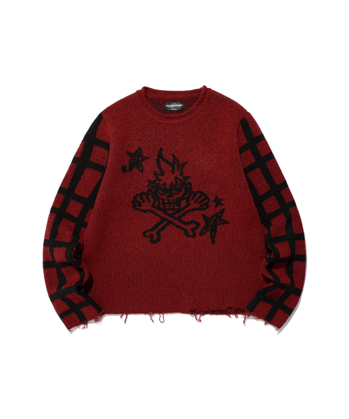 NICE GHOST CLUB(ナイスゴーストクラブ)の「SKULL CHECK L/S KNIT TEE_RED(NG2EFUK606A)(ニット/セーター・レディース・レッド・S/M/L)」の1枚目の写真