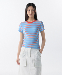 ウィメンズリブドマルチストライプスリムTシャツ[スカイブルー]