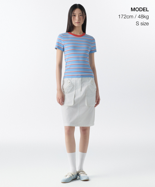 MUSINSA STANDARD WOMAN（ムシンサスタンダードウーマン）の「ウィメンズリブドマルチストライプスリムTシャツ[スカイブルー]（Tシャツ/カットソー・レディース・その他・SMALL/MEDIUM/X-SMALL/LARGE）」の2枚目の写真