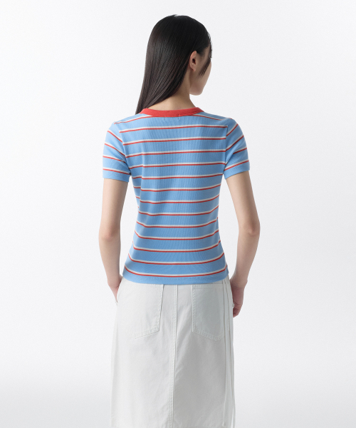 MUSINSA STANDARD WOMAN（ムシンサスタンダードウーマン）の「ウィメンズリブドマルチストライプスリムTシャツ[スカイブルー]（Tシャツ/カットソー・レディース・その他・SMALL/MEDIUM/X-SMALL/LARGE）」の3枚目の写真