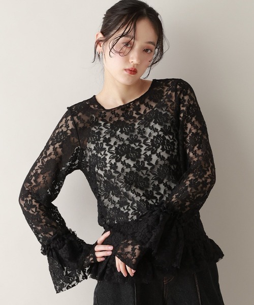RAGEBLUE(レイジブルー)の「ベルスリーブ/レースフリルレイヤードトップス(Tシャツ/カットソー・レディース・ホワイト/ブラック・FREE)」の2枚目の写真