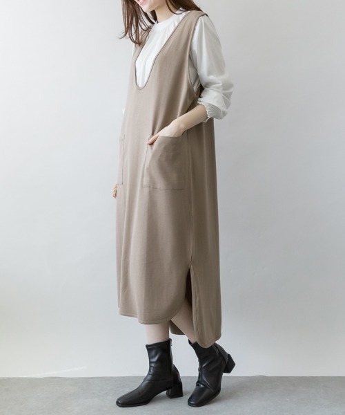 aity（アイティ）の「M-5L ミニ裏毛 スウェットVネックワンピース（ワンピース・レディース・ブラック/ライトカーキ/杢グレー・4L～5L/LL～3L/M～Ｌ）」の7枚目の写真
