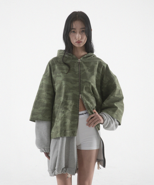 RAW CUT LAYERED HOODED ZIP UP - CAMO