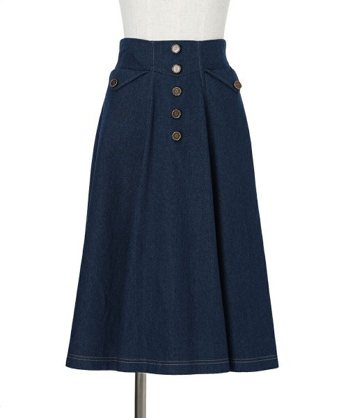 F i.n.t(フィント)の「ローズシーリング釦デニムフレアースカート(スカート・レディース・ブラック/インディゴブルー・FREE)」の14枚目の写真