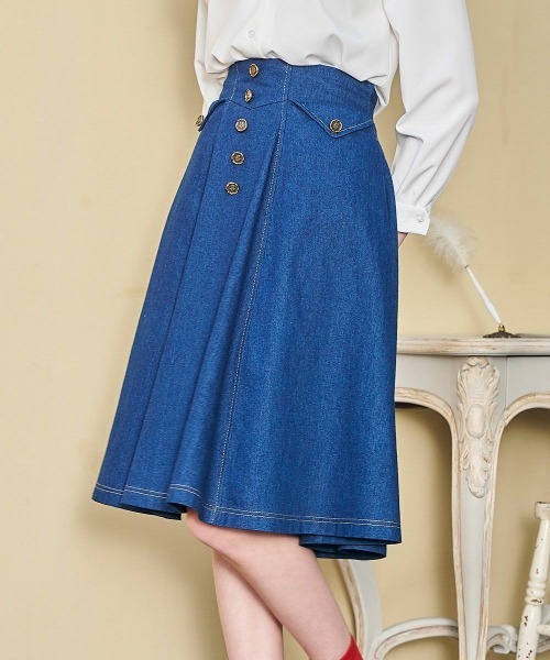 F i.n.t(フィント)の「ローズシーリング釦デニムフレアースカート(スカート・レディース・ブラック/インディゴブルー・FREE)」の3枚目の写真