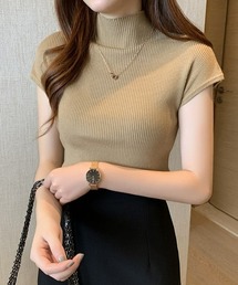 【UVカット・接触冷感・イージーケア】ゼロスリーブニットプルオーバー プチハイネックサマーニット きれいめカジュアル オフィスカジュアル レディース韓国風