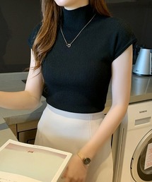【UVカット・接触冷感・イージーケア】ゼロスリーブニットプルオーバー プチハイネックサマーニット きれいめカジュアル オフィスカジュアル レディース韓国風
