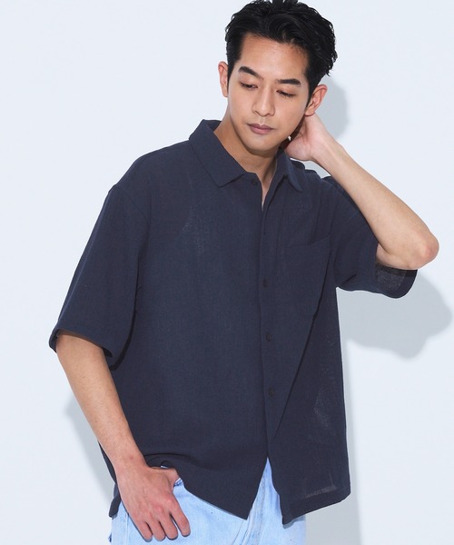 coca(coca)(コカ)の「楊柳半袖シャツ(シャツ/ブラウス・メンズ・ネイビー/アイボリー・M/L/XL)」の1枚目の写真