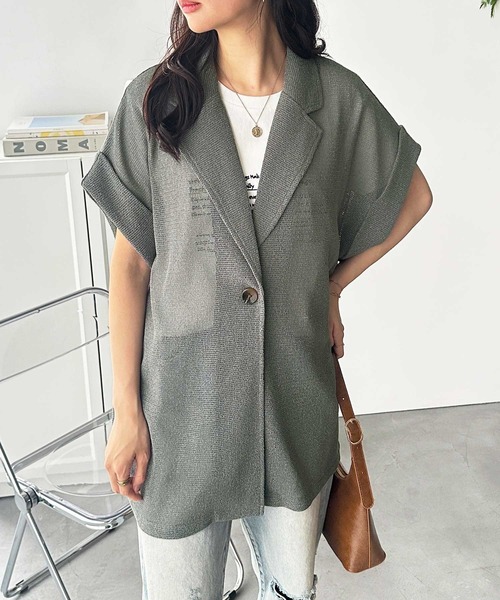 GeeRA(ジーラ)の「メッシュシアーフレンチスリーブ半袖テーラードジャケット(テーラードジャケット・レディース・グレー/ベージュ・MEDIUM/LARGE/X-LARGE)」の3枚目の写真