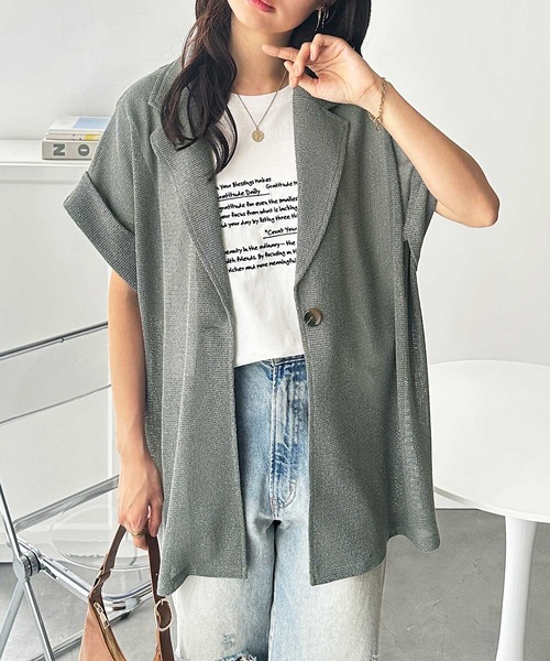 GeeRA(ジーラ)の「メッシュシアーフレンチスリーブ半袖テーラードジャケット(テーラードジャケット・レディース・グレー/ベージュ・MEDIUM/LARGE/X-LARGE)」の4枚目の写真