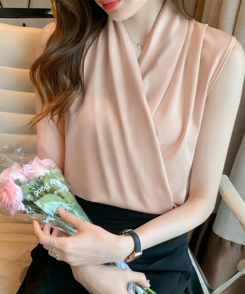 Forcement(フォースメント)の「一枚で上品ノースリーブシャーリングの立体感、夏服ブラウス(シャツ/ブラウス・レディース・ブラック/ベージュ/ホワイト/ピンク/グリーン・FREE)」の5枚目の写真