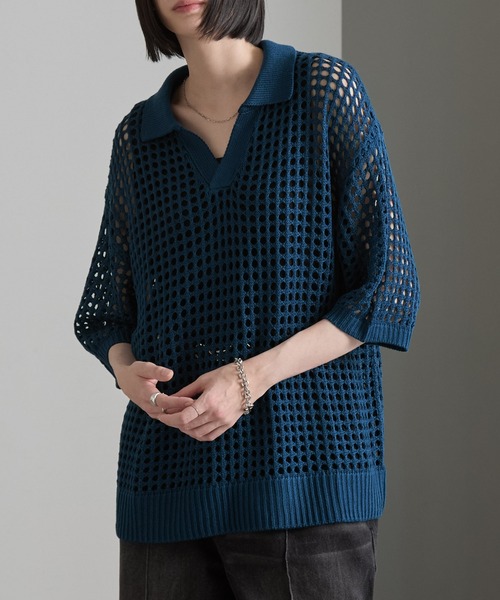 cussil(クシル)の「【cussil/クシル】透かし編みルーズ半袖スキッパーサマーポロニット(ポロシャツ・メンズ・ホワイト/ブラック/ブルー/ブラウン・L/S/M)」の4枚目の写真