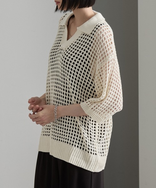 cussil(クシル)の「【cussil/クシル】透かし編みルーズ半袖スキッパーサマーポロニット(ポロシャツ・メンズ・ホワイト/ブラック/ブルー/ブラウン・L/S/M)」の5枚目の写真